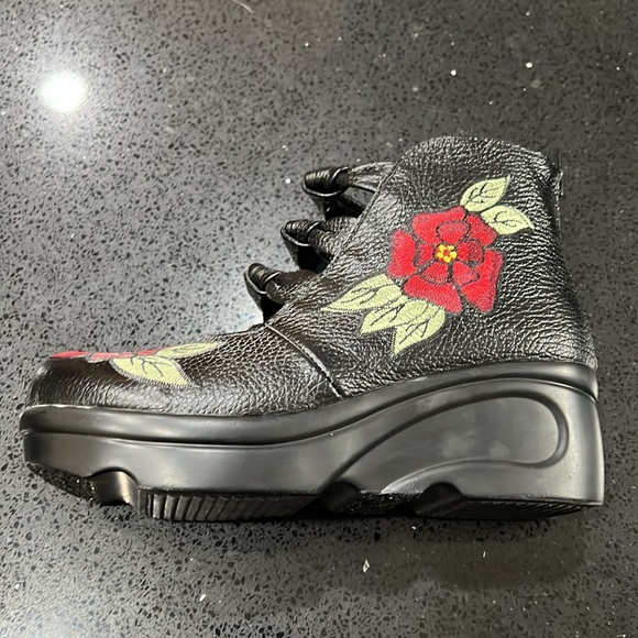 Black Leather Wedge Mary Jane Booties with Red Stitched Flowers and Green Leaves - Picture 2 of 11
